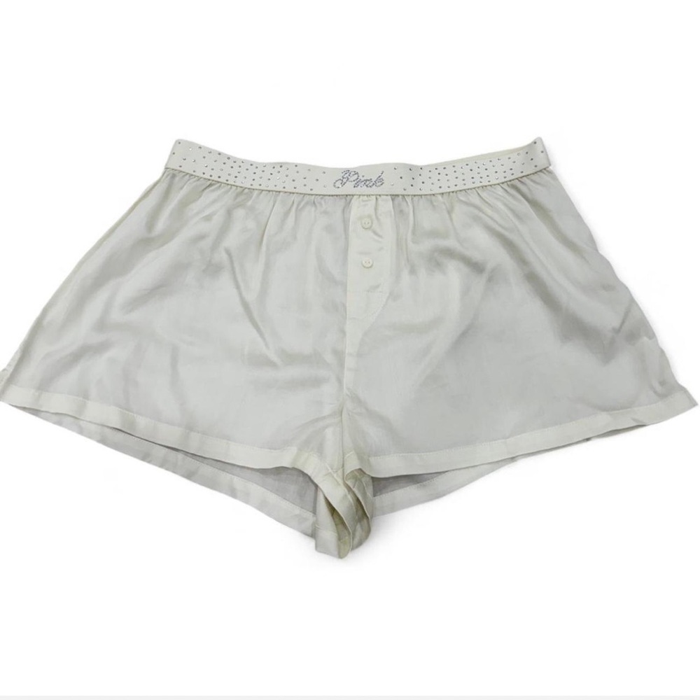Pink Victoria’s Secret Ivory Satin Lounge Shorts with Rhinestone Waistband NWT